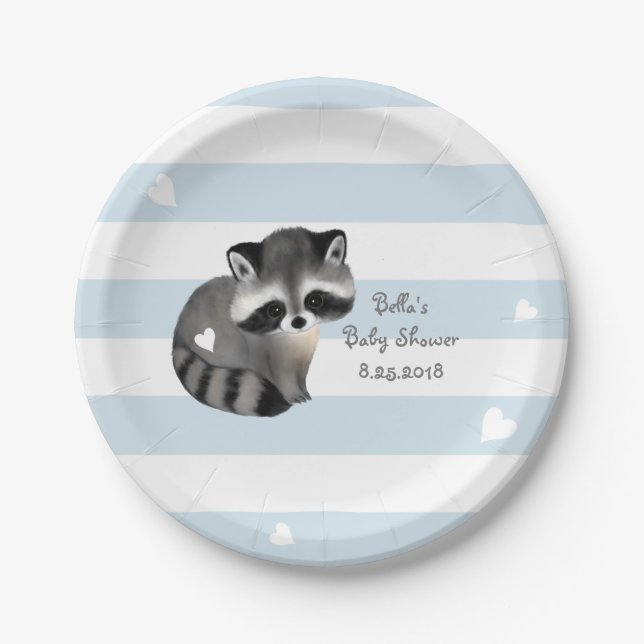 Blue Stripes Heart Raccoon Party Paper Plate (Front)