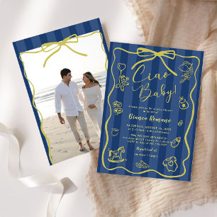 Blue Stripes Italian Ciao Baby Shower Photo   Invitation