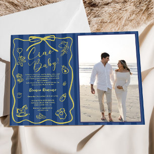 Blue Stripes Italian Themed Ciao Baby Photo  Invitation