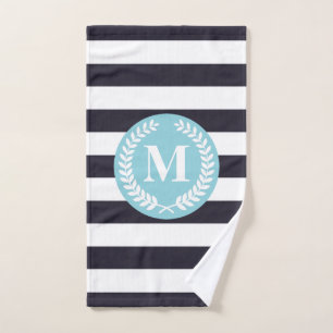 Blue Stripes Laurel Wreath Monogram Bath Towel Set