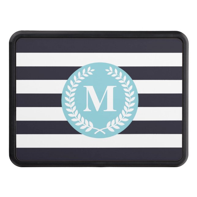 Blue Stripes Laurel Wreath Monogram Trailer Hitch Cover (Front)