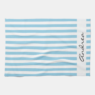 Blue Stripes, Lines, Striped Pattern, Your Name Kitchen Towel