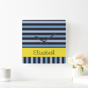 Blue Stripes, Lines, Striped Pattern, Your Name Square Wall Clock