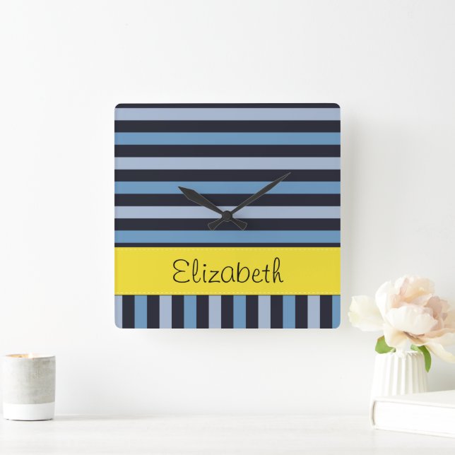 Blue Stripes, Lines, Striped Pattern, Your Name Square Wall Clock (Home)
