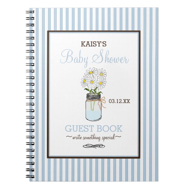 Blue Stripes Mason Jar Baby Shower Guest Book | (Front)