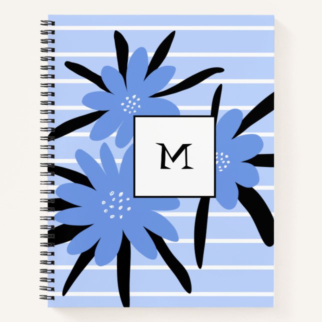 Blue Stripes Modern Monogram Initial Flowers Notebook (Front)