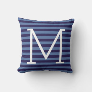 blue stripes + monogram, stylish outdoor pillow