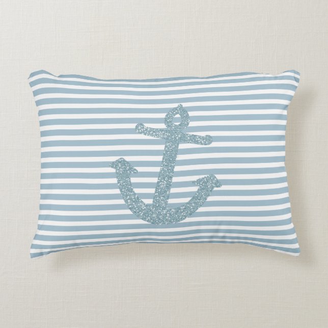 Blue Stripes Nautical Anchor Accent Pillow (Front)