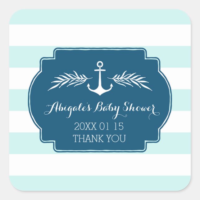 Blue Stripes Nautical Baby Shower Favour Sticker (Front)