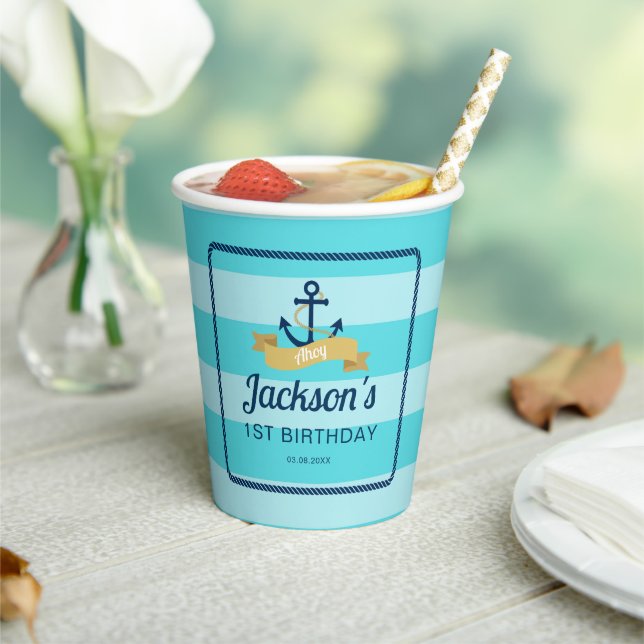 Blue Stripes Nautical Birthday Paper Cups (Insitu)
