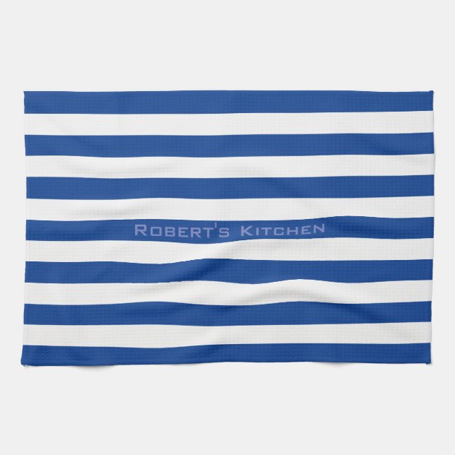 Blue Stripes on any Colour with Custom Text Kitchen Towel (Horizontal)