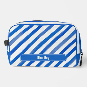 Blue Stripes on White and Text Dopp Kit