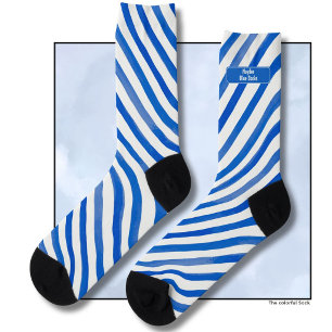 Blue Stripes on White and Text Socks