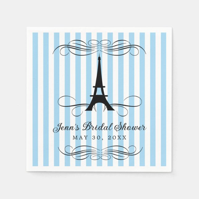 Blue Stripes Paris Eiffel Tower | Bridal Shower Napkin (Front)