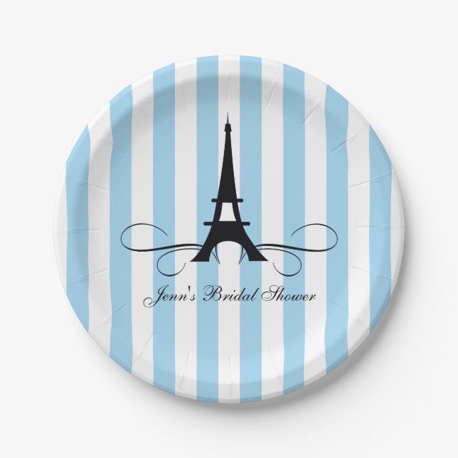 Blue Stripes Paris Eiffel Tower | Bridal Shower Paper Plate (Front)