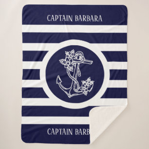 Blue Stripes Pattern With Nautical Boat Anchor Sherpa Blanket