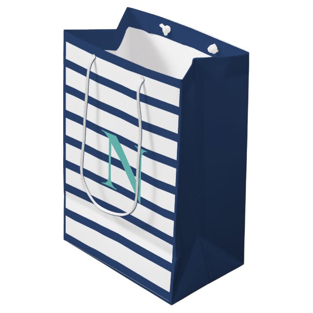 Blue Stripes Personalized Monogram Medium Gift Bag (Front Angled)