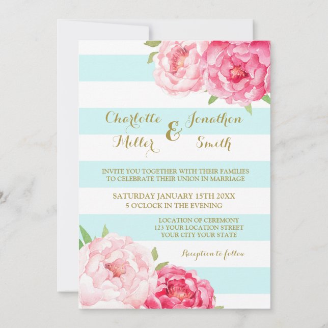Blue Stripes Pink Flowers Wedding Invitations (Back)
