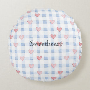 Blue Stripes Pink Hearts Birthday Round Pillow