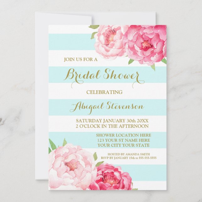 Blue Stripes Pink Watercolor Flowers Bridal Shower Invitation (Back)