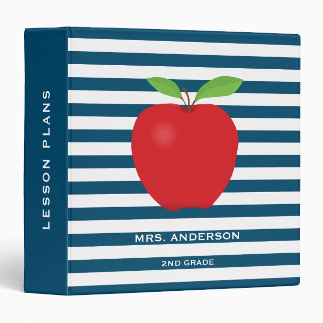 Blue Stripes Red Apple Personalized Teacher Binder (Front/Spine)