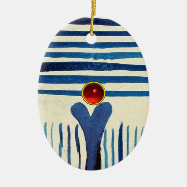BLUE STRIPES & RED RUBY CERAMIC ORNAMENT (Front)