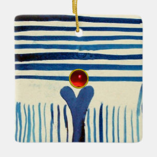 BLUE STRIPES & RED RUBY CERAMIC ORNAMENT