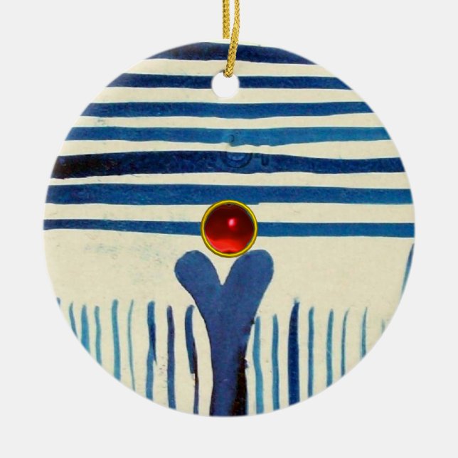 BLUE STRIPES & RED RUBY CERAMIC ORNAMENT (Front)