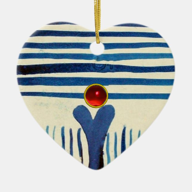 BLUE STRIPES & RED RUBY HEART CERAMIC ORNAMENT (Front)