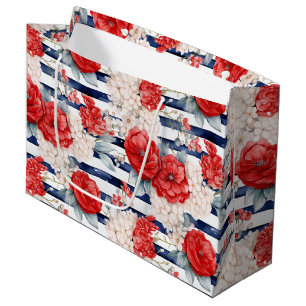 Blue Stripes Red White Floral Birthday Large Gift Bag