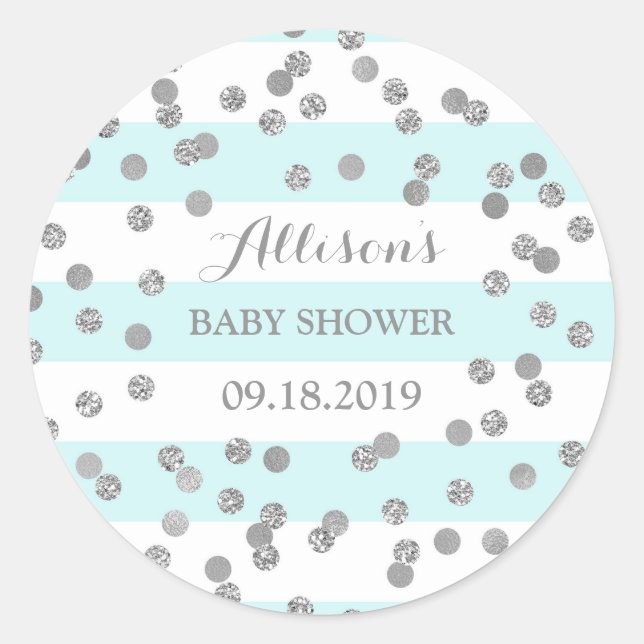 Blue Stripes Silver Confetti Baby Shower Favour Classic Round Sticker (Front)