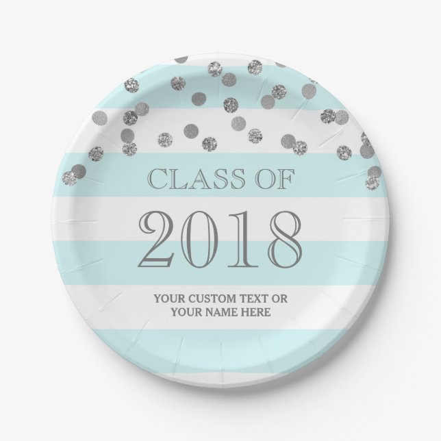 Blue Stripes Silver Confetti Graduation 2018 Paper Plate (Front)