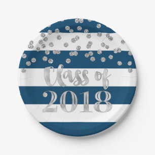 Blue Stripes Silver Dots Class of 2018 Graduation Paper Plate