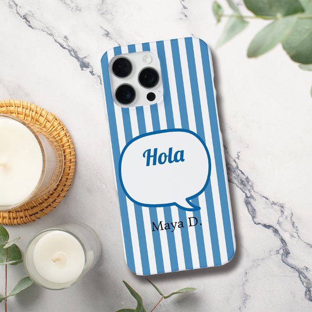 Blue Stripes Speech Bubble Personalize iPhone Case (Creator Uploaded)