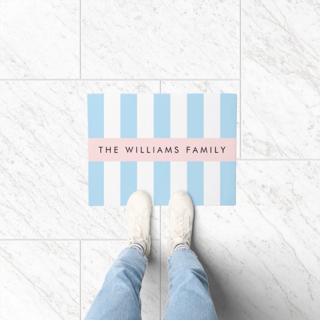 Blue Stripes, Striped Pattern, Lines, Your Name Doormat (Indoor)