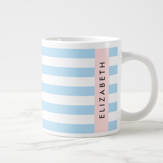 Blue Stripes, Striped Pattern, Lines, Your Name Large Coffee Mug (Right)