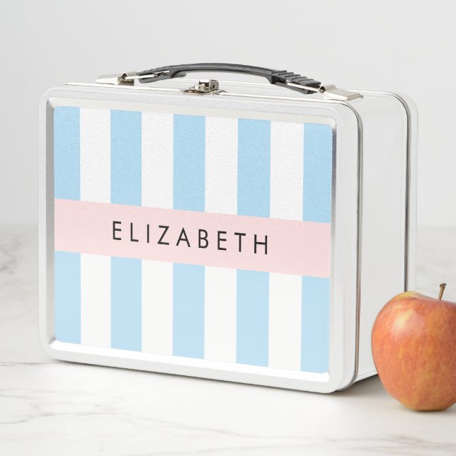 Blue Stripes, Striped Pattern, Lines, Your Name Metal Lunch Box (In Situ)