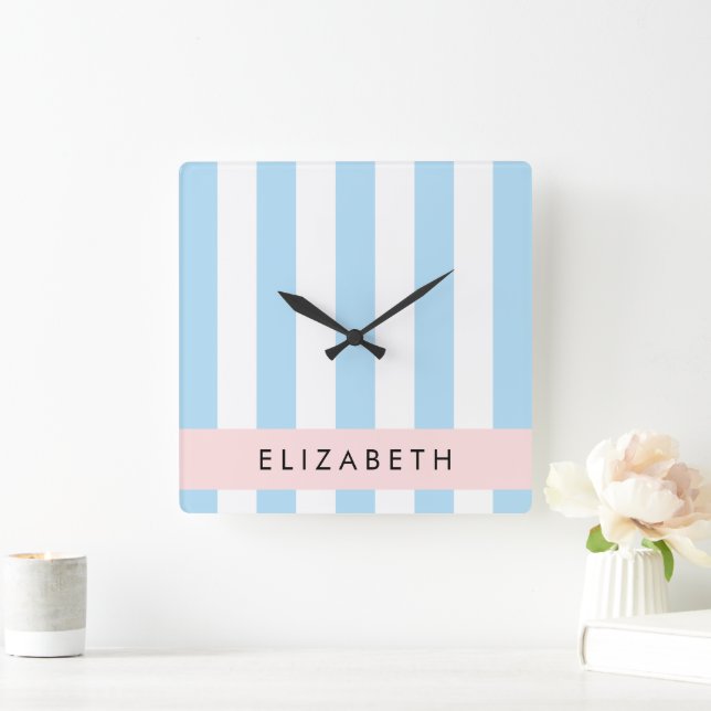 Blue Stripes, Striped Pattern, Lines, Your Name Square Wall Clock (Home)