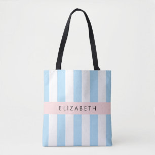 Blue Stripes, Striped Pattern, Lines, Your Name Tote Bag