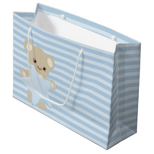 BLUE STRIPES TAN TEDDY BEAR & STAR LARGE GIFT BAG