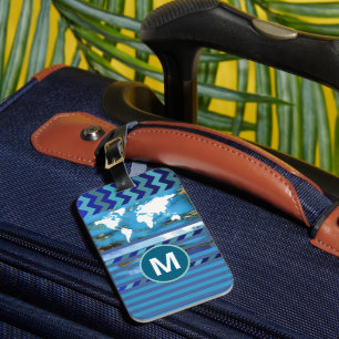 Blue Stripes Turquoise Marbled Monogram Luggage Tag