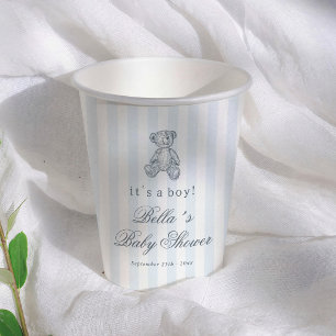 Blue Stripes Vintage Teddy Bear Boy Baby Shower Paper Cups