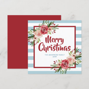 Blue Stripes Watercolor Flowers Christmas Card