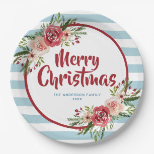 Blue Stripes Watercolor Flowers Christmas Paper Plate