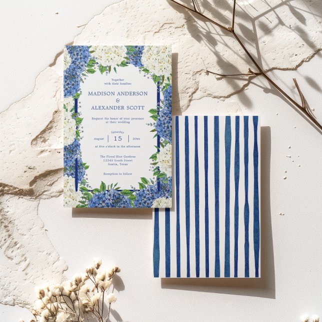 Blue Stripes White Hydrangeas Wedding Invitation (Front / Back)