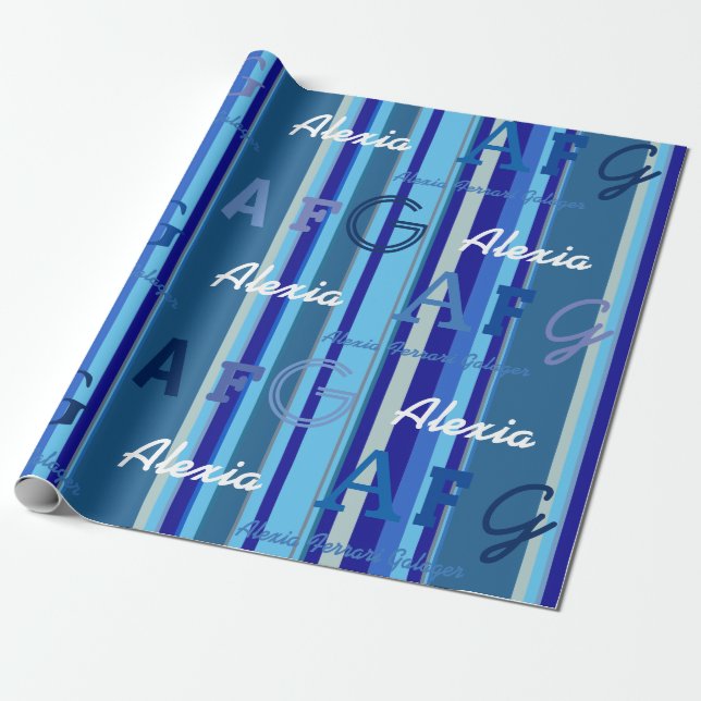 blue stripes with custom name . personalized wrapping paper (Unrolled)