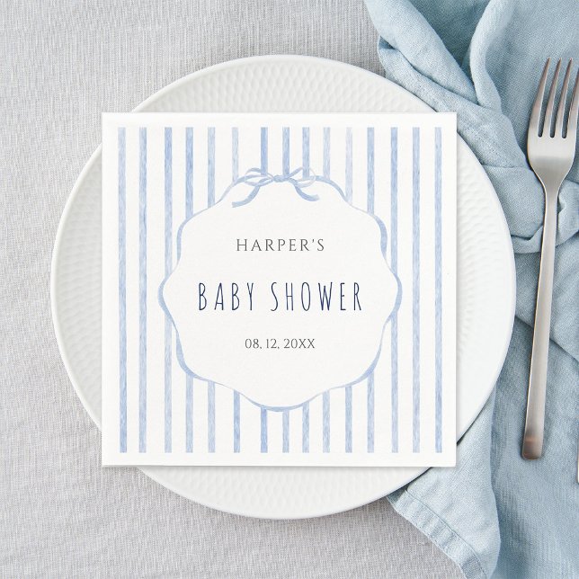 Blue Stripes with Scalloped Frame Boy Baby Shower Napkin (Creator Uploaded)
