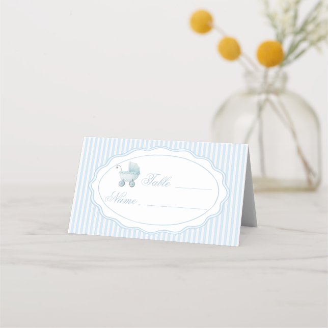 Blue Stroller Baby Boy Shower Table Numbers Place Card (Front)