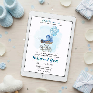 Blue stroller balloon aqiqah muslim baby boy invitation
