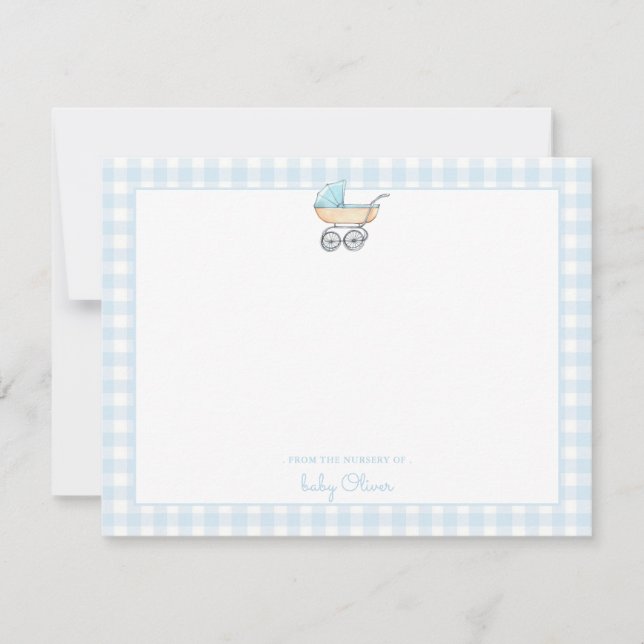 Blue stroller with gingham border baby boy  thank you card (Front)